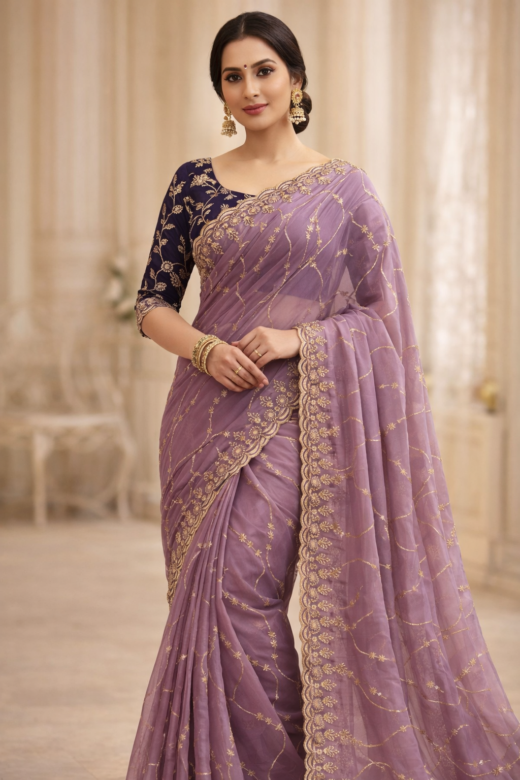 Mauve Majesty Georgette Embroidered Saree